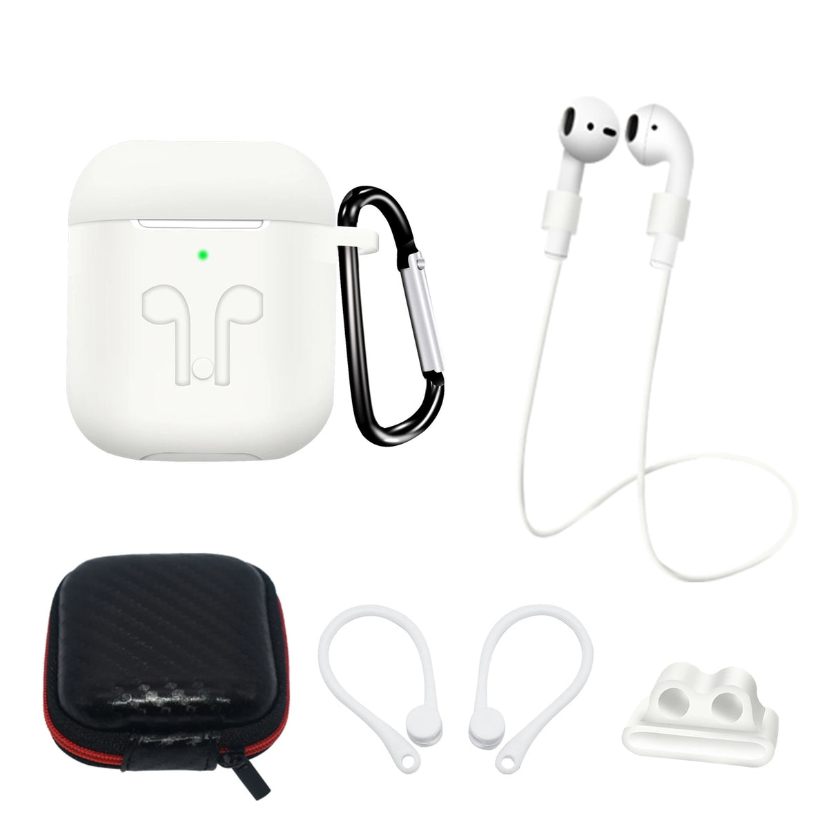 Silikonhylster til AirPods 2 / AirPods 1 + Hylster / Ørekrog / Halsbånd / Uretøjsholder / Karabiner - hvid