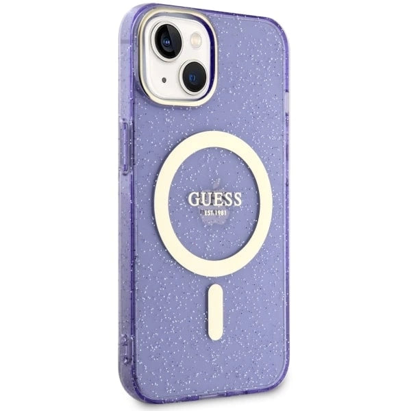 Guess Glitter Gold MagSafe-fodral til iPhone 14 - lilla