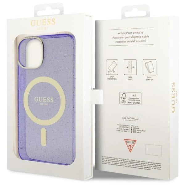 Guess Glitter Gold MagSafe-fodral til iPhone 14 - lilla