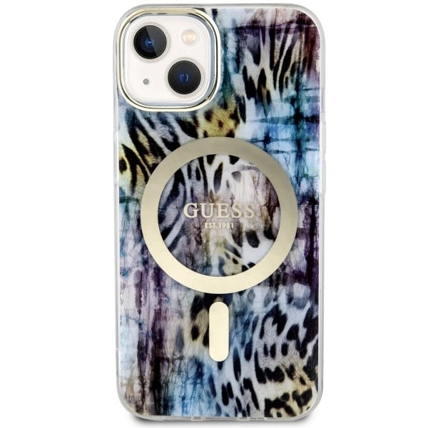 Guess Leopard MagSafe-hylster til iPhone 14 - blå
