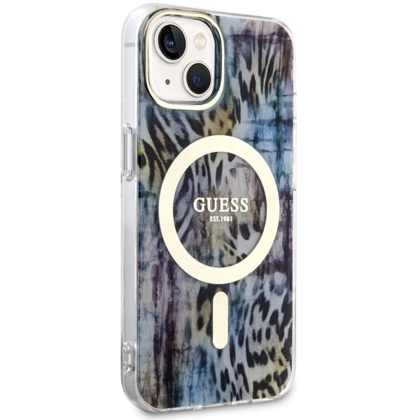 Guess Leopard MagSafe-hylster til iPhone 14 - blå