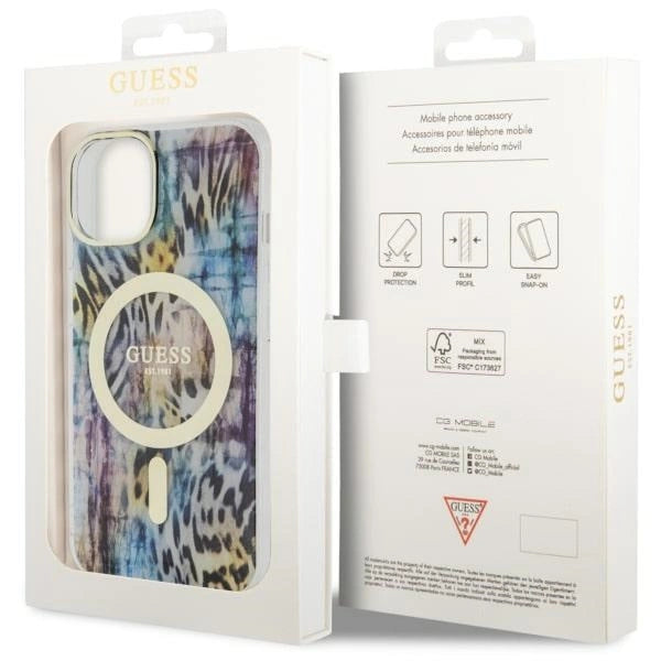 Guess Leopard MagSafe-hylster til iPhone 14 - blå