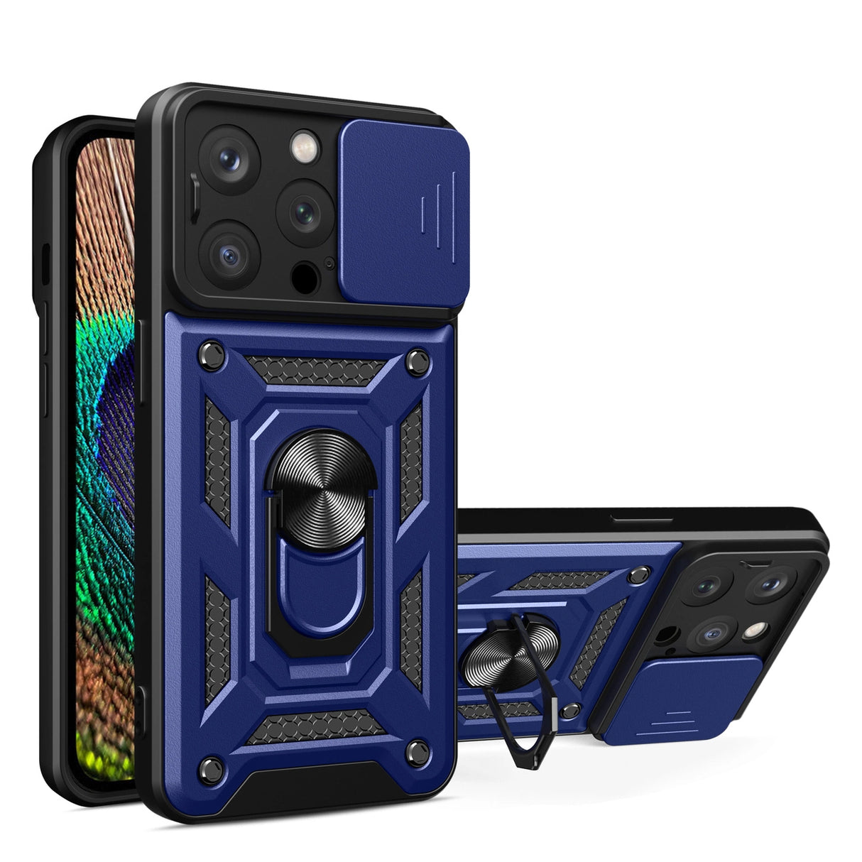 Armor Camshield Case med Stand og Camera Cover til iPhone 15 Pro Max Hybrid Armor Camshield - Blå