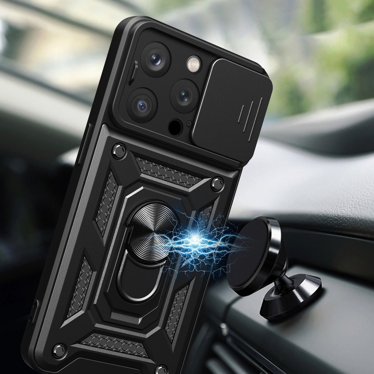 Armor Camshield Case med Stand og Camera Cover til iPhone 15 Pro Max Hybrid Armor Camshield - Blå
