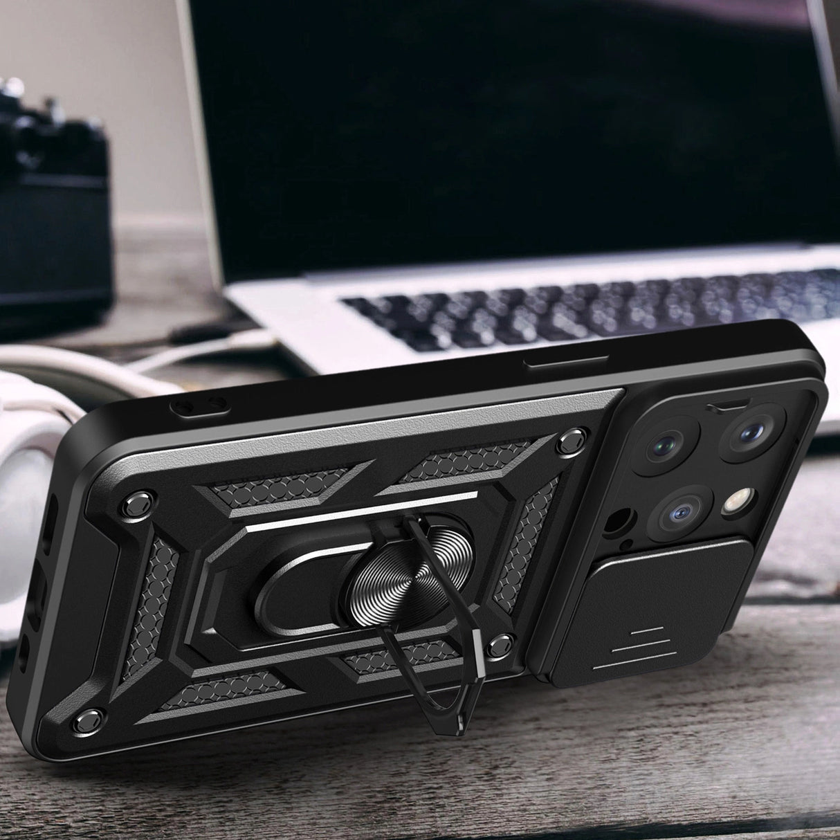 Armor Camshield Case med Stand og Camera Cover til iPhone 15 Pro Max Hybrid Armor Camshield - Blå