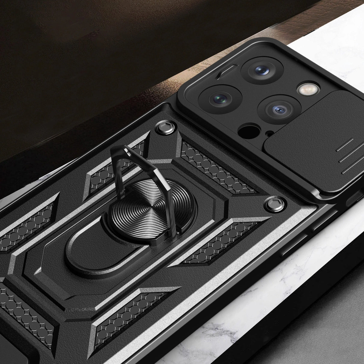 Armor Camshield Case med Stand og Camera Cover til iPhone 15 Pro Max Hybrid Armor Camshield - Blå