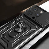 Armor Camshield Case med Stand og Camera Cover til iPhone 15 Pro Max Hybrid Armor Camshield - Blå