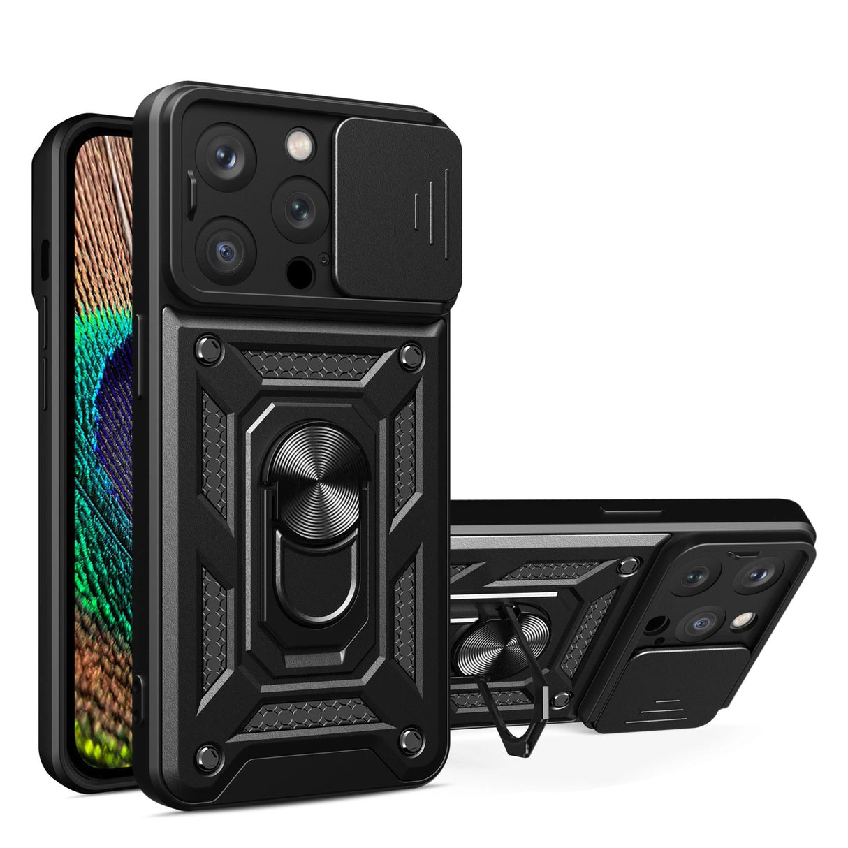Armor Camshield Case med stand og kamera cover til iPhone 15 Pro Max Hybrid Armor Camshield - sort
