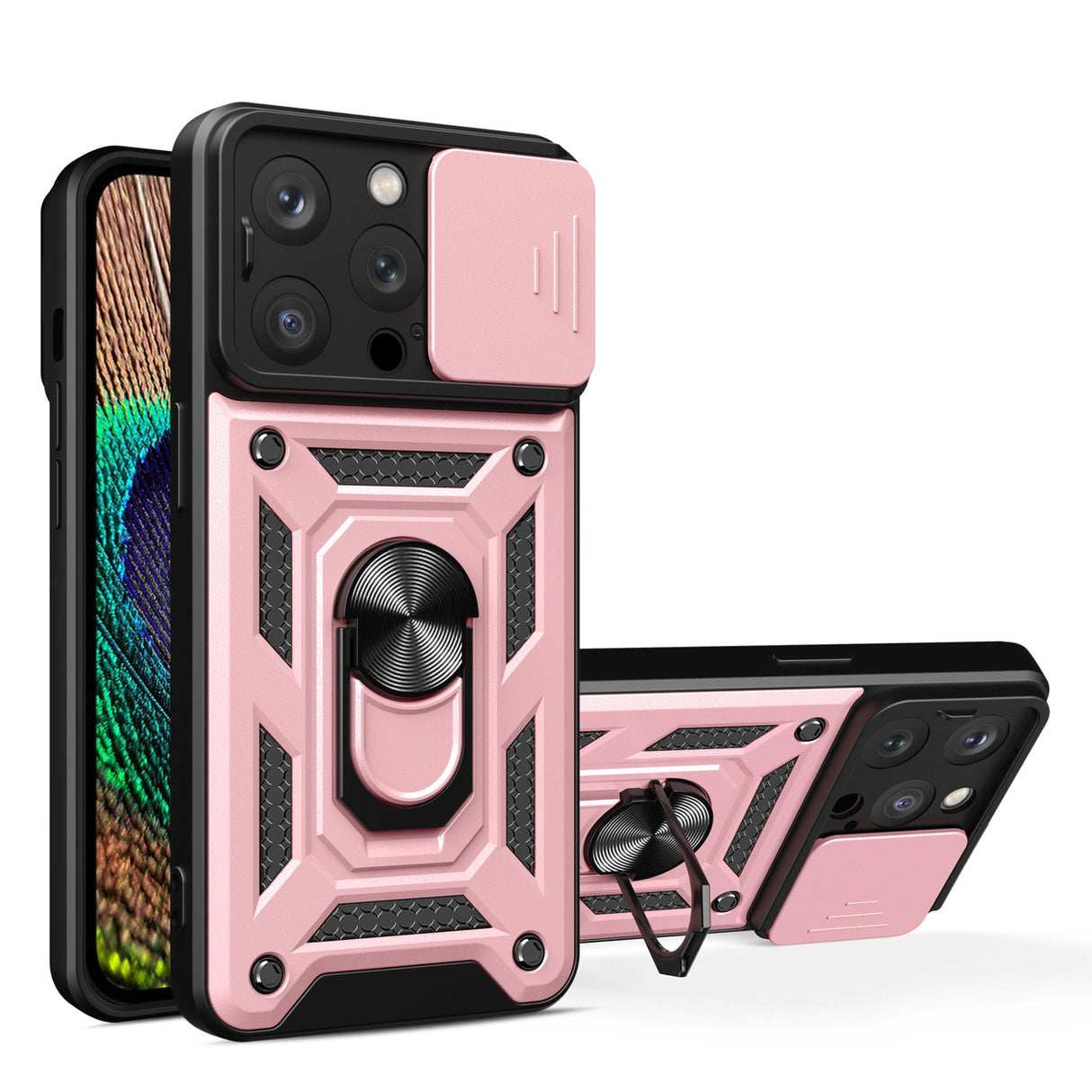 Hybrid Armor Camshield-foder med stand og kameraomslag til iPhone 15 Pro - lyserød
