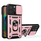 Hybrid Armor Camshield-foder med stand og kameraomslag til iPhone 15 Pro - lyserød