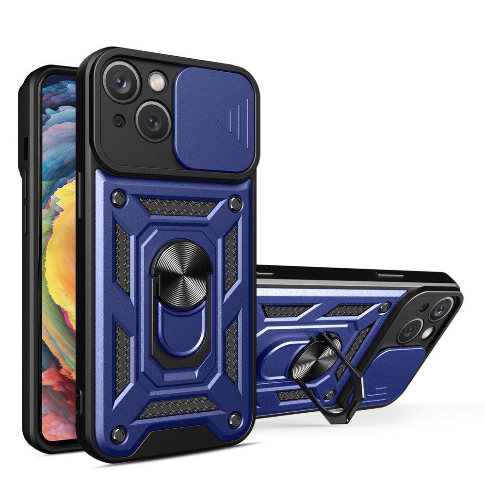 Hybrid Armor Camshield Case med Stand og Camera Cover til iPhone 15 Plus - Blå
