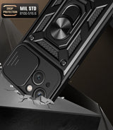 Hybrid Armor Camshield Case med Stand og Camera Cover til iPhone 15 Plus - Blå