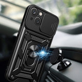 Hybrid Armor Camshield Case med Stand og Camera Cover til iPhone 15 Plus - Blå