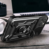 Hybrid Armor Camshield Case med Stand og Camera Cover til iPhone 15 Plus - Blå