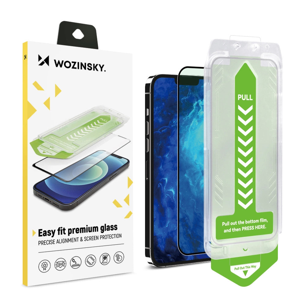 9H hærdet glas med monteringsramme til iPhone 15 Plus Wozinsky Premium Glass - sort