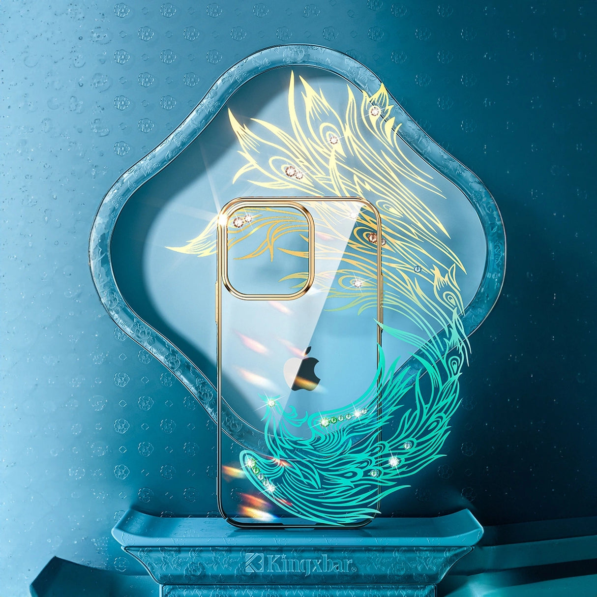 Luksus iPhone 14 Case med Kingxbar Phoenix Kristaller - Guld og Blå