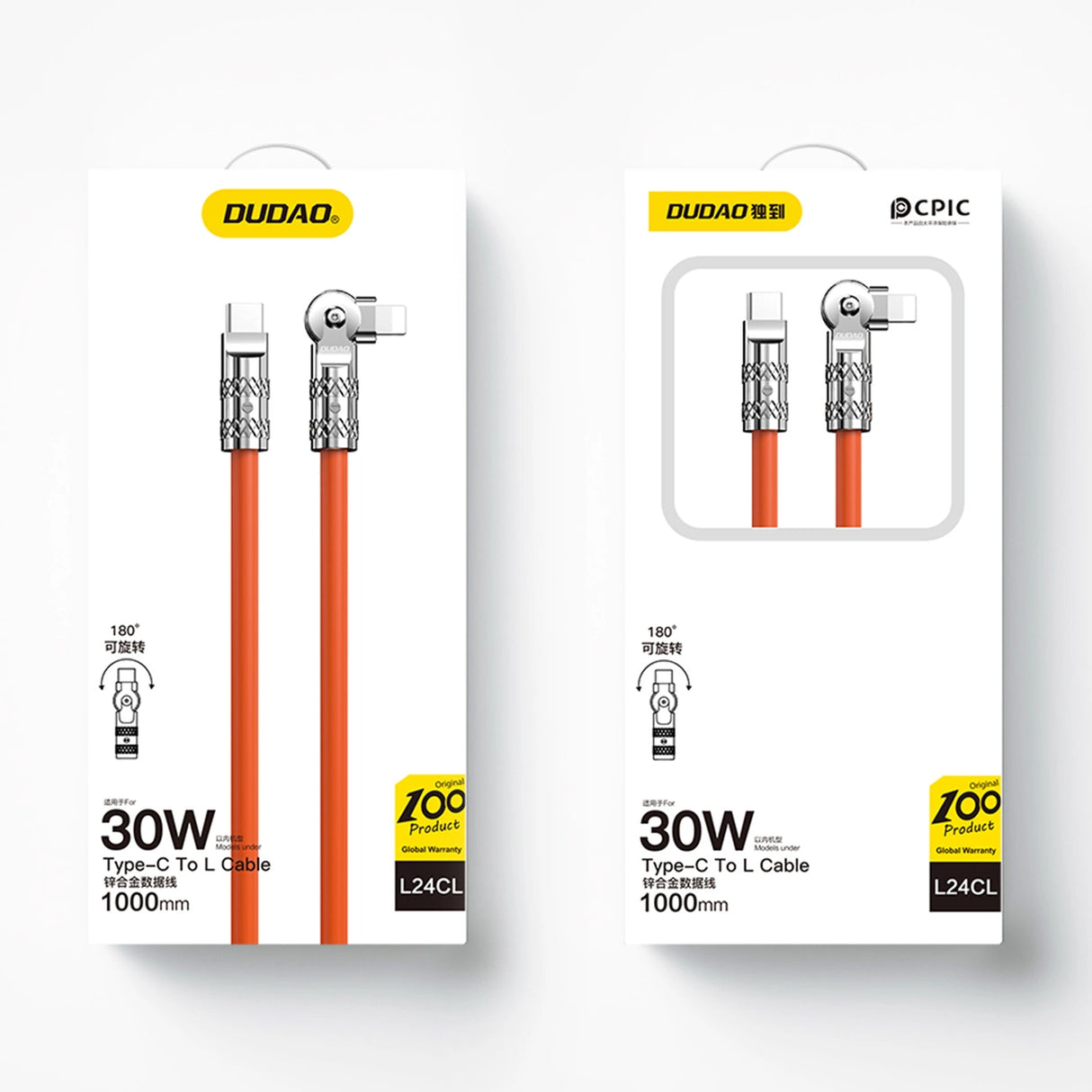 Dudao L24CL USB-C - Lightning vinklet kabel med 180° rotation 30W 1m - orange