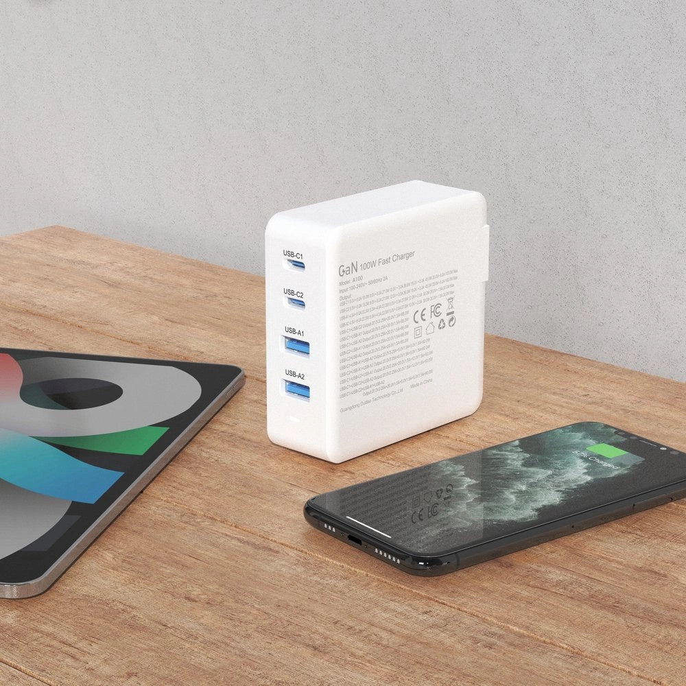 GaN 100W hurtig vægoplader 2 x USB-C / 2 x USB Dudao A100EU - hvid