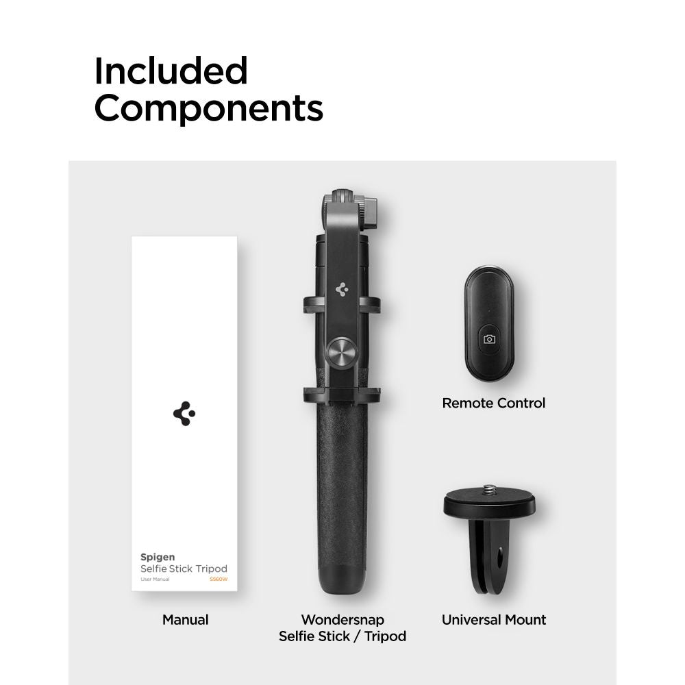 Spigen S560 W Bluetooth Selfie Stick Langt Stativ Sort