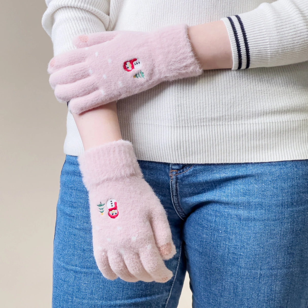 Vintertelefonhandsker til kvinder med en snemand og et juletræ - rosa