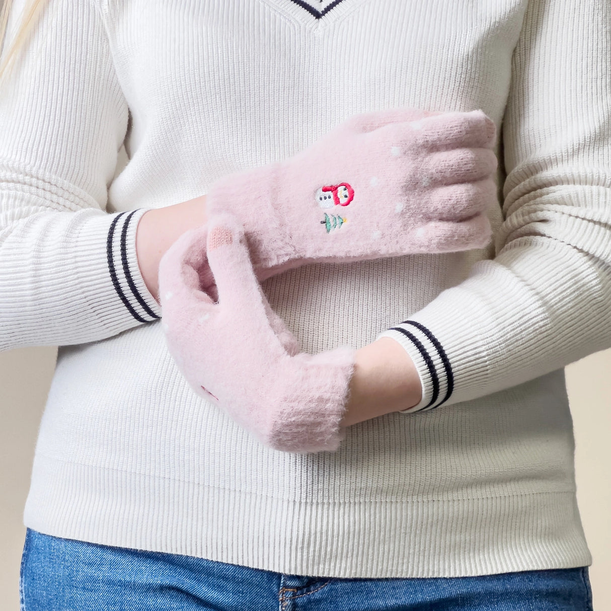Vintertelefonhandsker til kvinder med en snemand og et juletræ - rosa