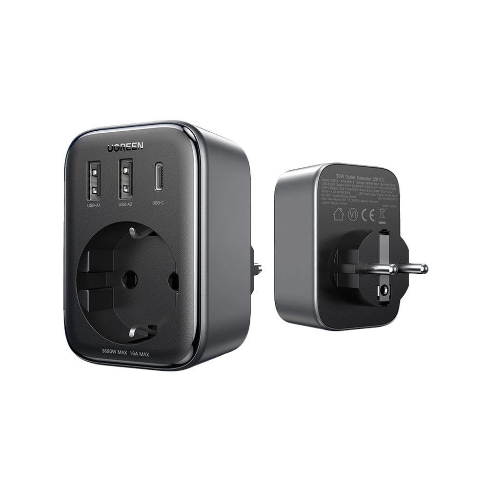 Væglader 30W (2xUSB/USB C/AC) / adapter EU - EU 13A Ugreen CD314 - sort