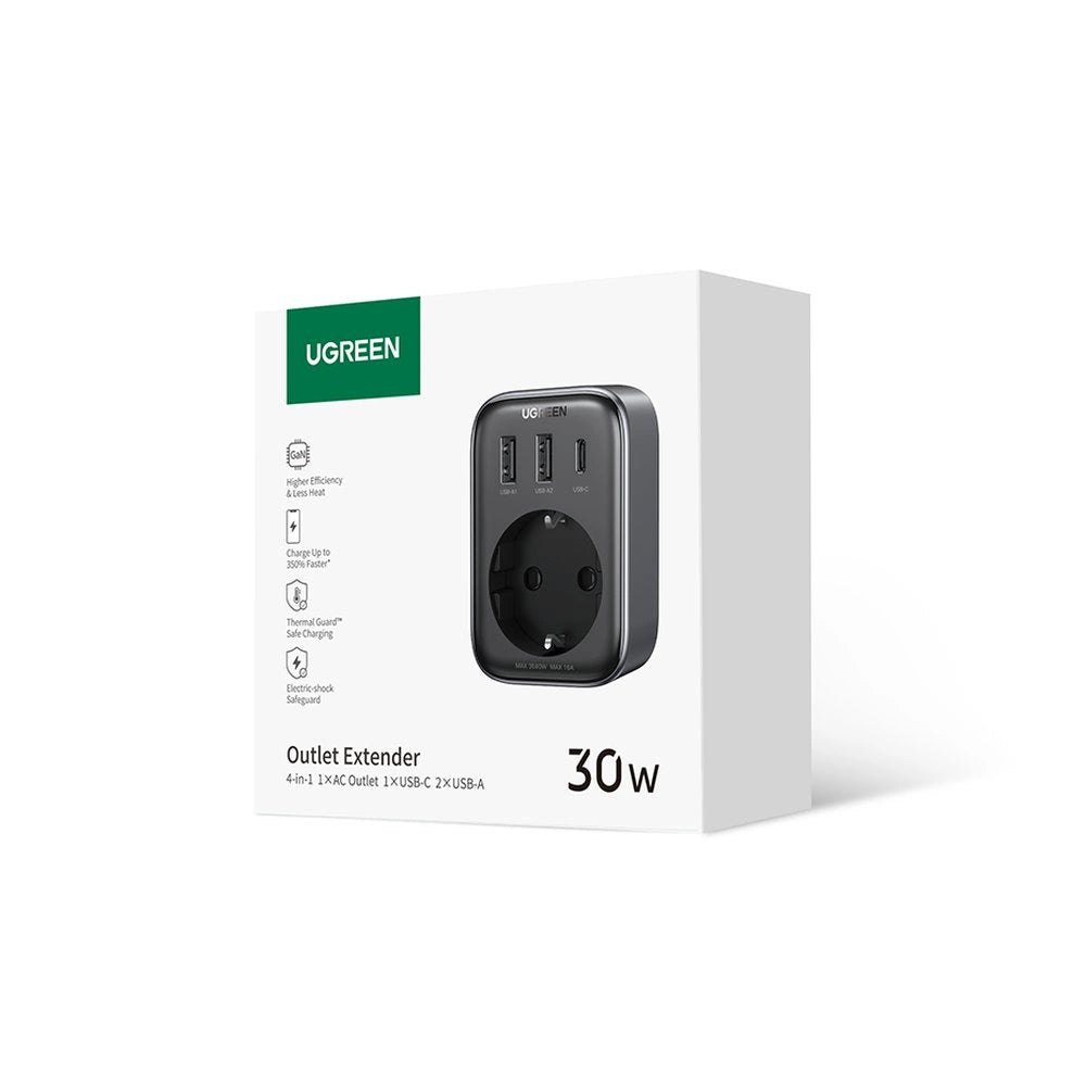 Væglader 30W (2xUSB/USB C/AC) / adapter EU - EU 13A Ugreen CD314 - sort