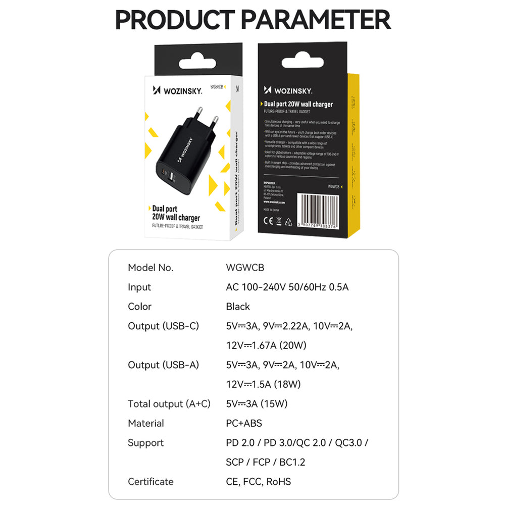 Wozinsky WGWCB USB-A USB-C 20W vægoplader - sort