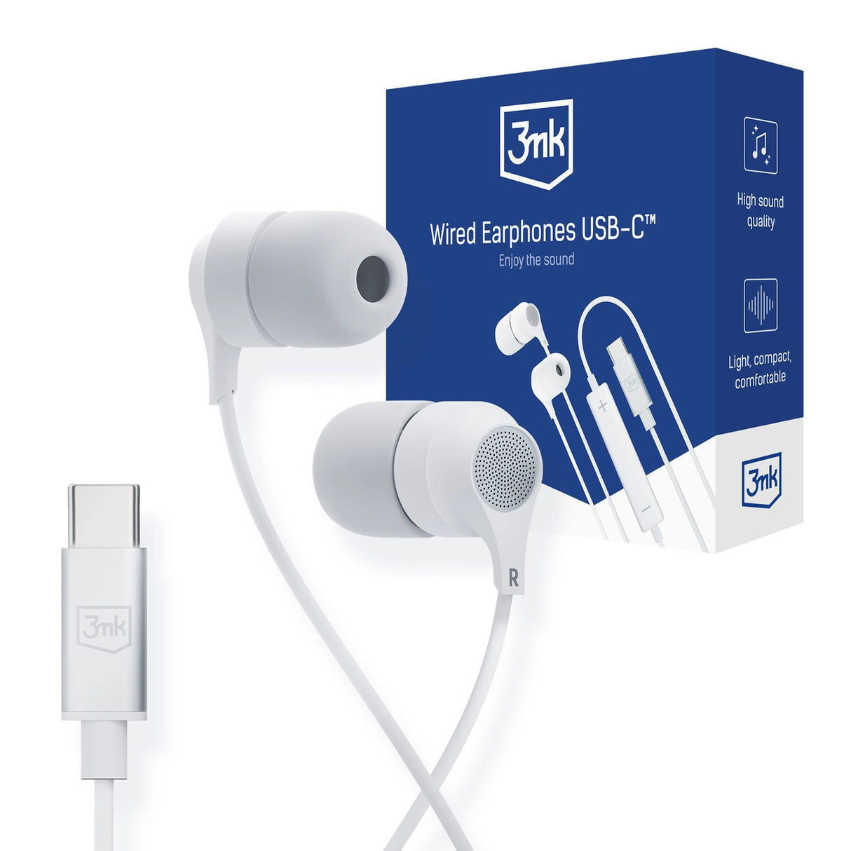 USB-C 3mk Wired Headphones - hvid