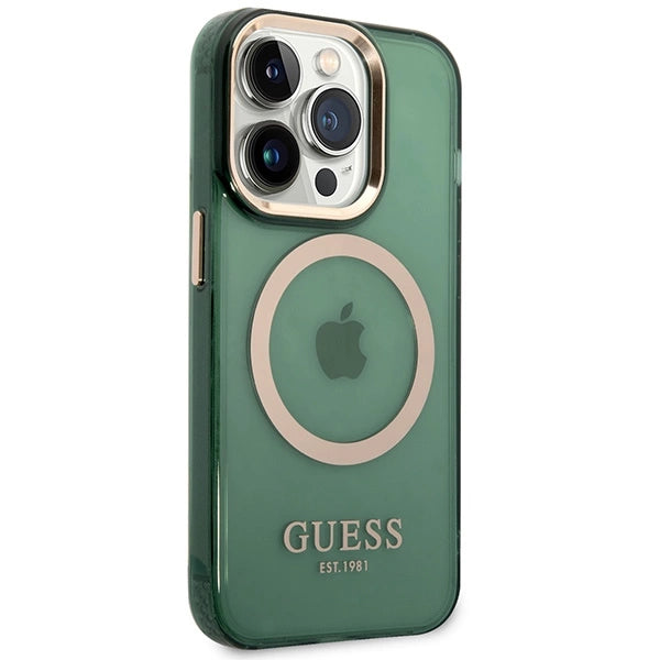 Guess GUHMP14XHTCMA iPhone 14 Pro Max 6,7" grøn/khaki hård forside Guld Outline Gennemskinnelig MagSafe
