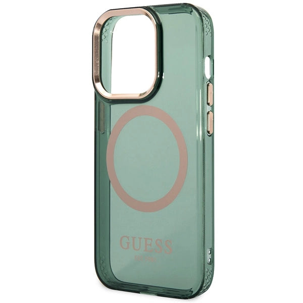 Guess GUHMP14XHTCMA iPhone 14 Pro Max 6,7" grøn/khaki hård forside Guld Outline Gennemskinnelig MagSafe