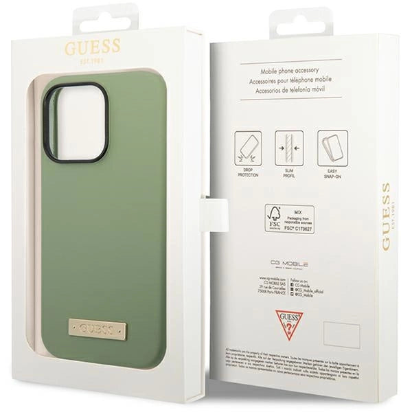Guess Silicone Logo Plate MagSafe-hylster til iPhone 14 Pro Max - grønt