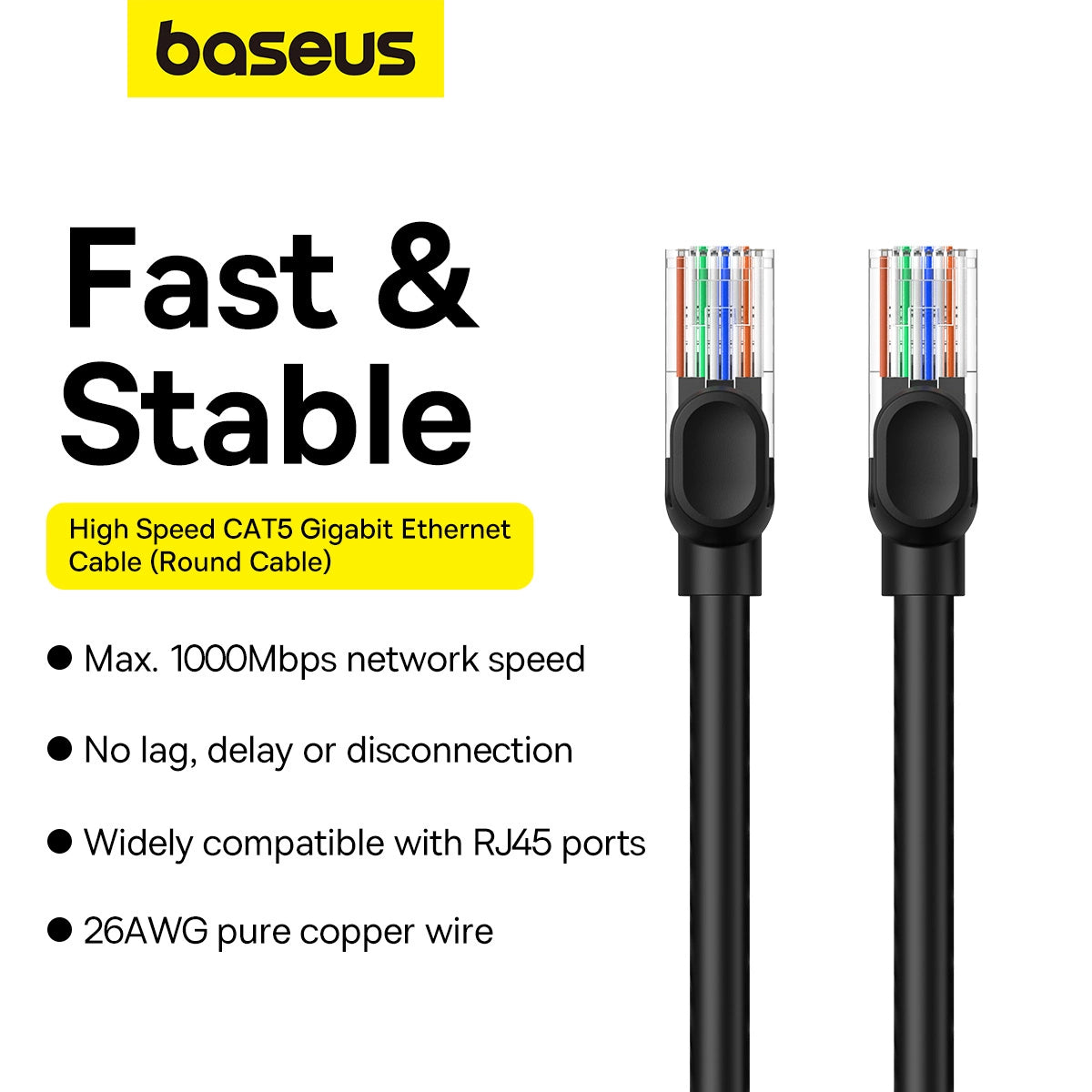 Baseus High Speed Cat 5 RJ-45 1000Mb/s Ethernet kabel 8m rund - sort