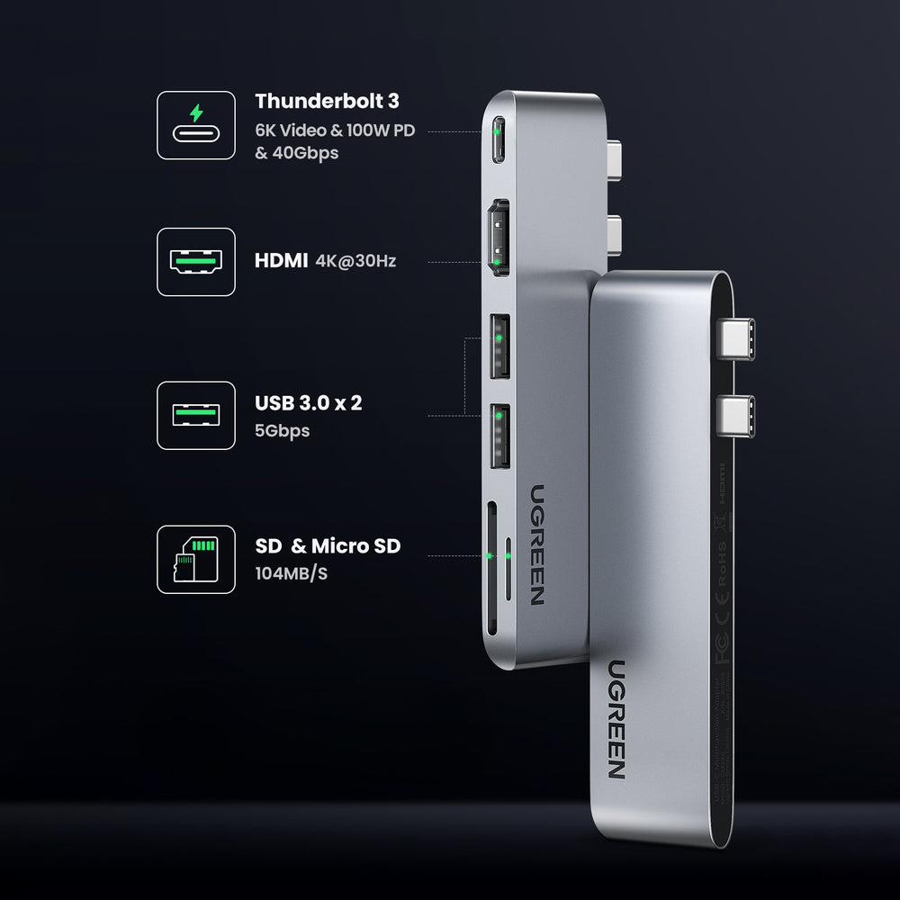 HUB Ugreen CM380 2xUSB C - HDMI/2xUSB 3.0/SD TF/USB C PD - grå