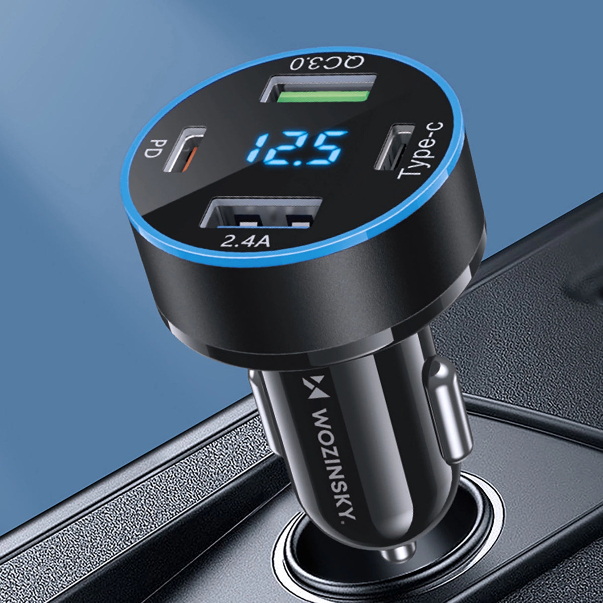 Wozinsky WDCCB Biloplader med skærm 50W 2xUSB-C / 2xUSB-A - sort