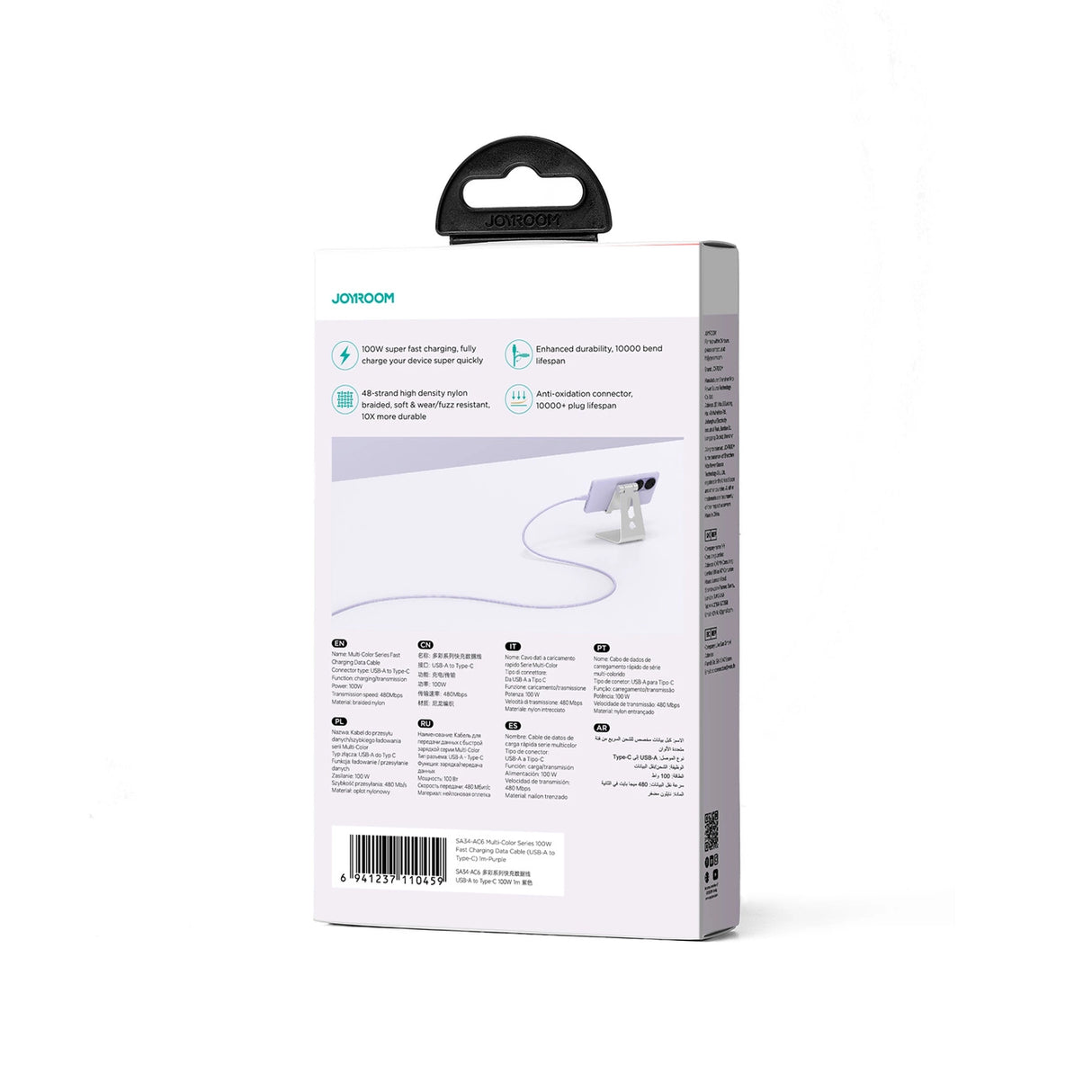 Joyroom Multi-Color Series S-A34 USB-A / USB-C 100W Kabel 1m - Purple