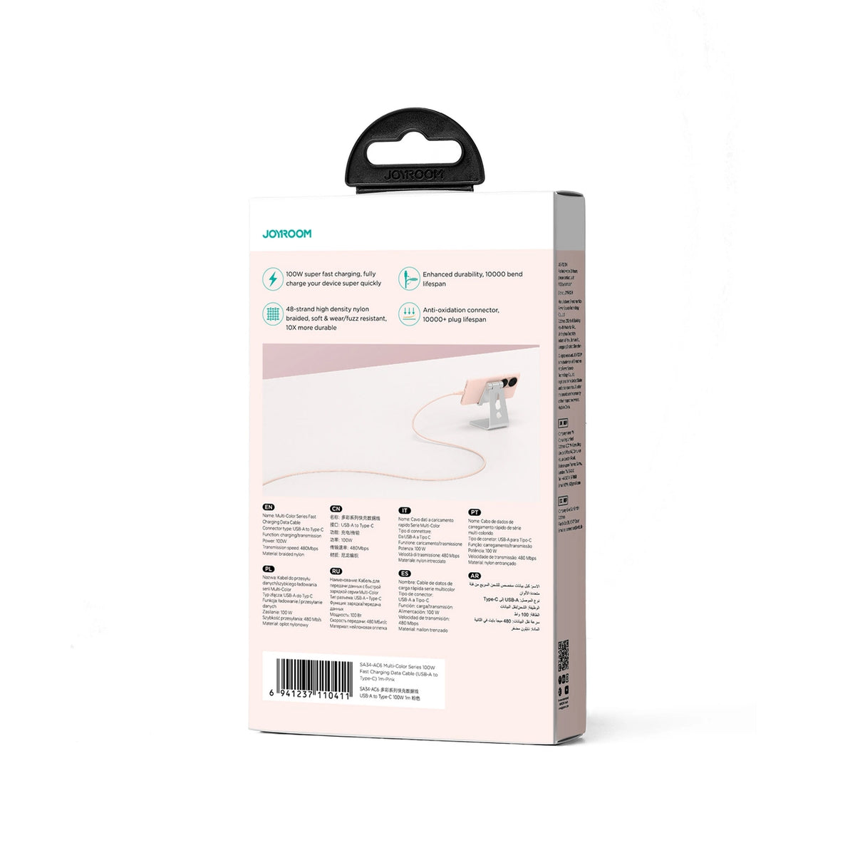 Joyroom Multi-Color Series S-A34 USB-A / USB-C Kabel 100W 1m - Pink