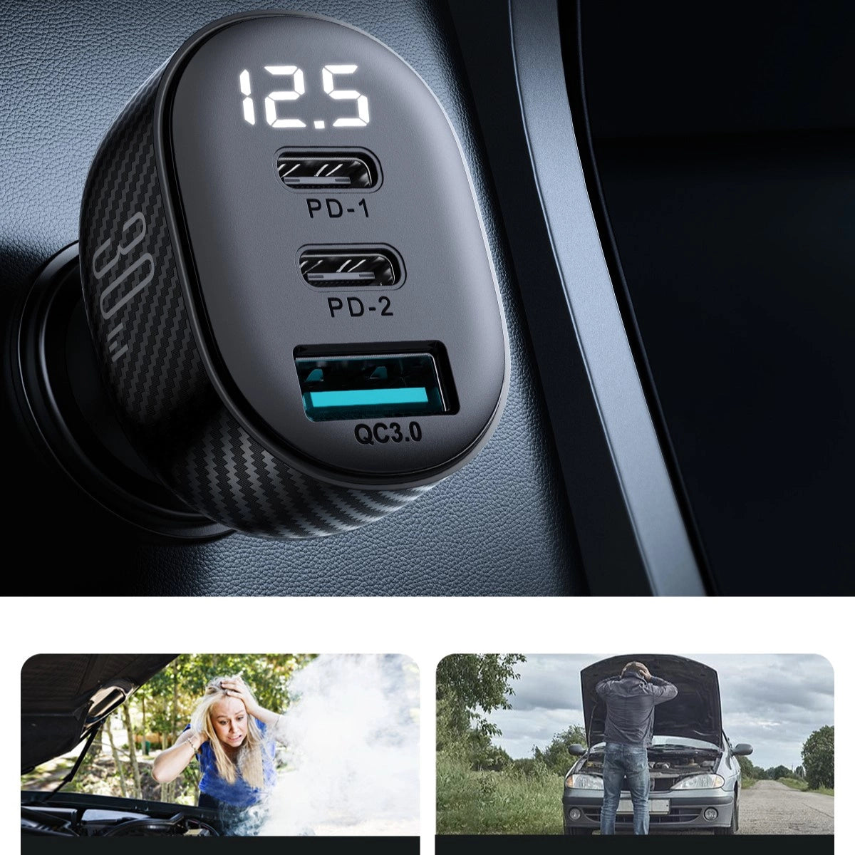 Joyroom JR-CCD04 30W 2x USB-C USB-A biloplader med display - sort
