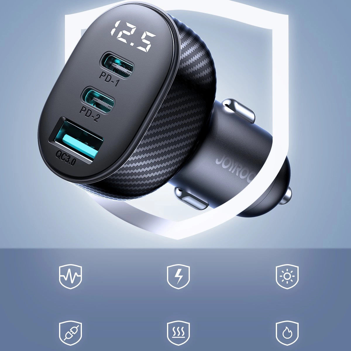 Joyroom JR-CCD04 30W 2x USB-C USB-A biloplader med display - sort