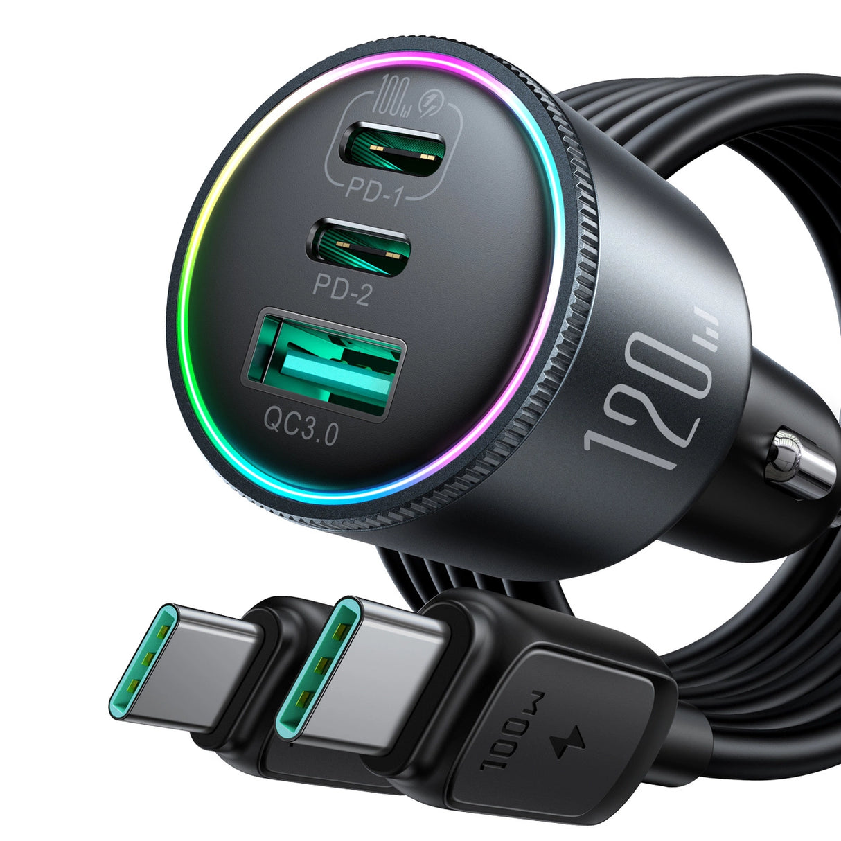Joyroom JR-CCN07 biloplader 120W 2xUSB-C USB-A + USB-C kabel 100W - mørk grå