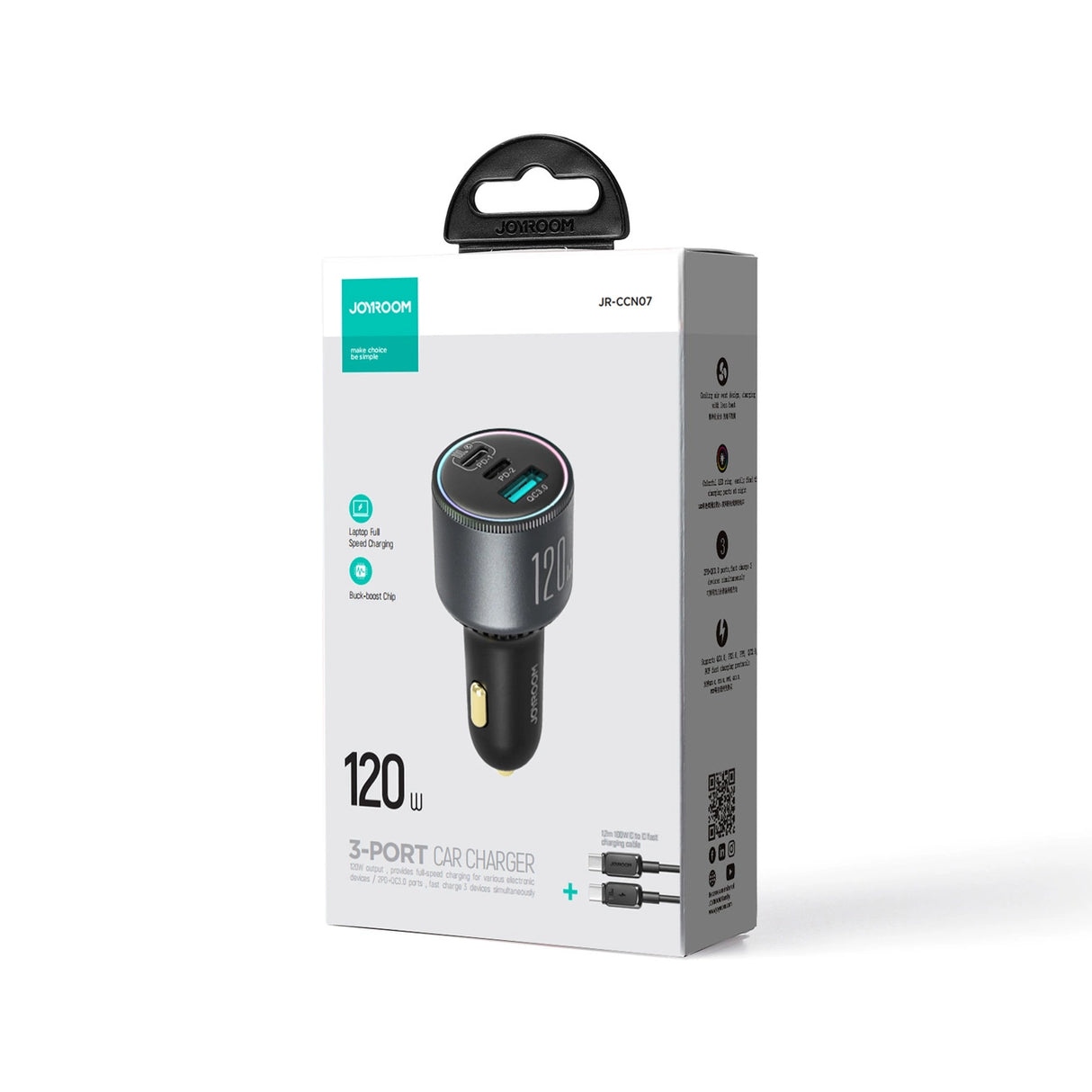 Joyroom JR-CCN07 biloplader 120W 2xUSB-C USB-A + USB-C kabel 100W - mørk grå