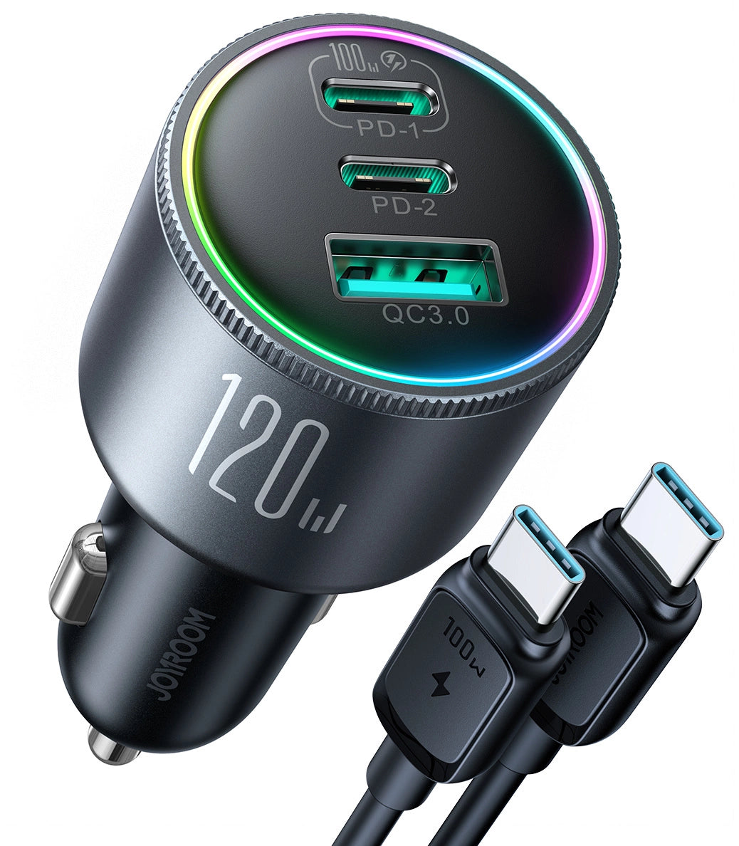 Joyroom JR-CCN07 biloplader 120W 2xUSB-C USB-A + USB-C kabel 100W - mørk grå