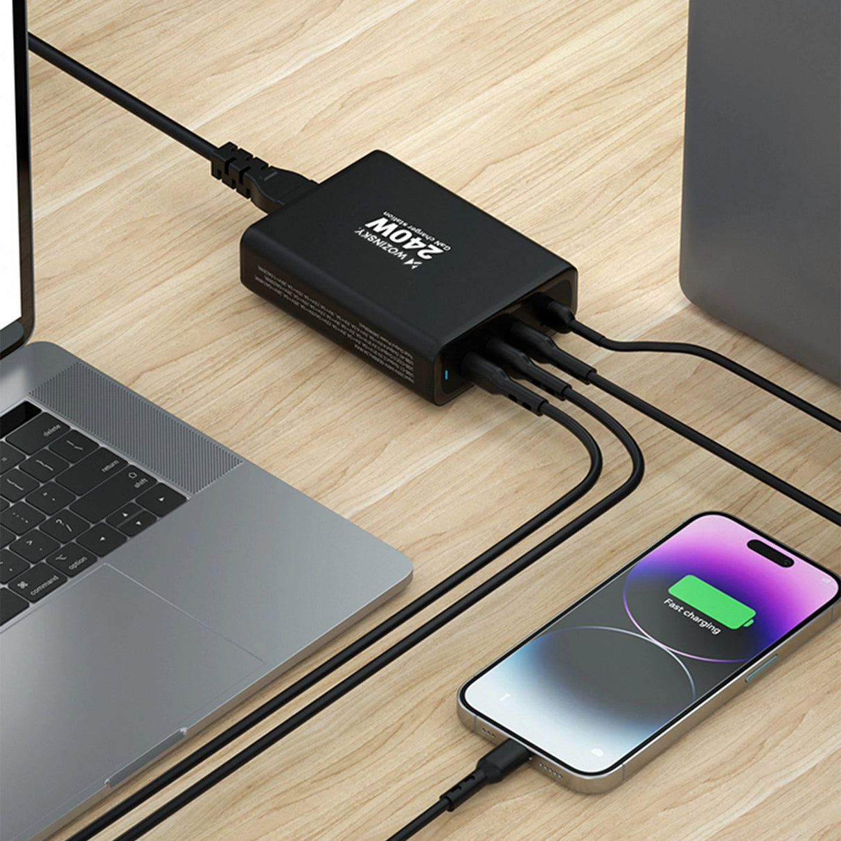 GaN Wozinsky WGCSB 240W USB-A / 3 x USB-C Wall Charger - sort