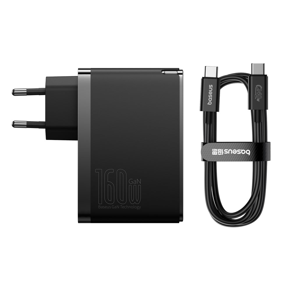 Baseus GaN5 Pro GaN oplader 2x USB-C / USB-A 160W - sort + USB-C - USB-C 240W kabel - sort