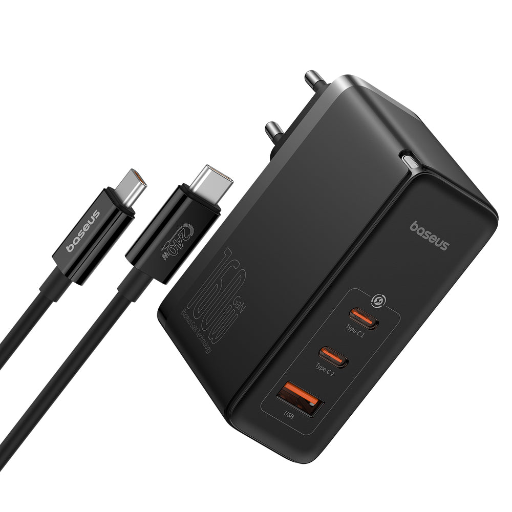 Baseus GaN5 Pro GaN oplader 2x USB-C / USB-A 160W - sort + USB-C - USB-C 240W kabel - sort