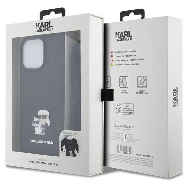 Karl Lagerfeld KLHCP14XSAKCPSK case for iPhone 14 Pro Max 6.7" hardcase - black Crossbody Saffiano Metal Pin Karl&Choupette