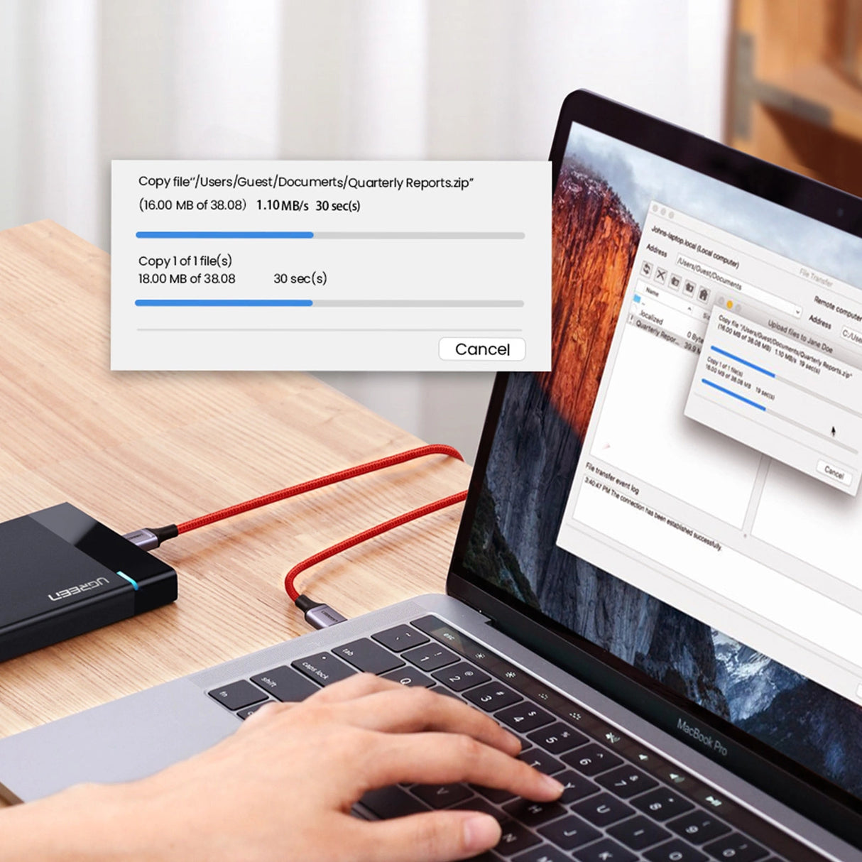 Grøn US294 USB-C - USB-C 3A 480Mb/s kabel 1m - rød
