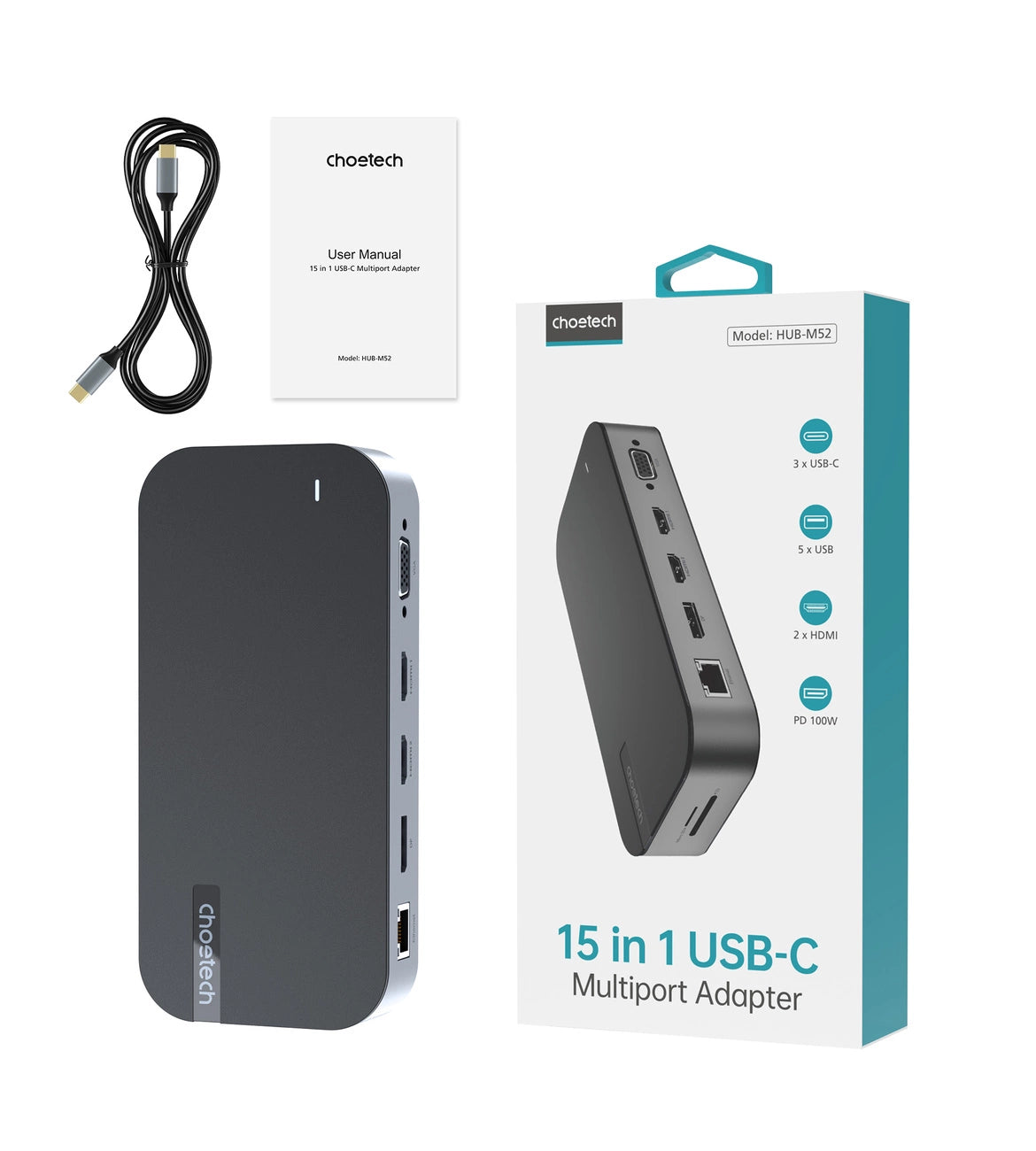 HUB Choetch M52 USB-C - USB-C PD/USB-C/USB-A/HDMI/VGA/DP/SD/TF/RJ45/AUX - grå