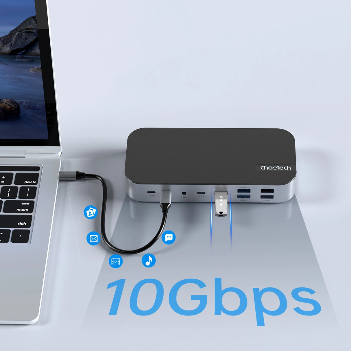 HUB Choetch M52 USB-C - USB-C PD/USB-C/USB-A/HDMI/VGA/DP/SD/TF/RJ45/AUX - grå