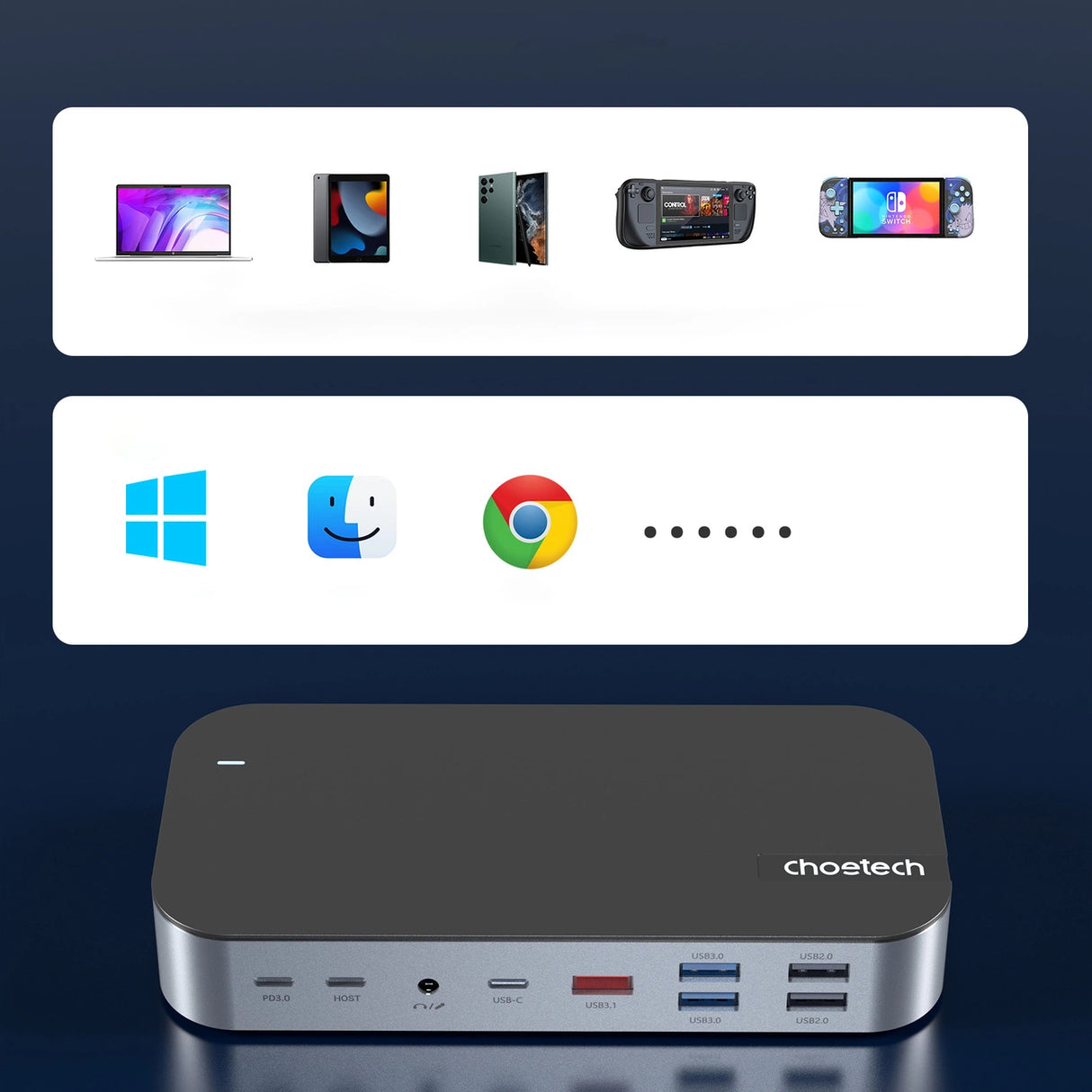 HUB Choetch M52 USB-C - USB-C PD/USB-C/USB-A/HDMI/VGA/DP/SD/TF/RJ45/AUX - grå